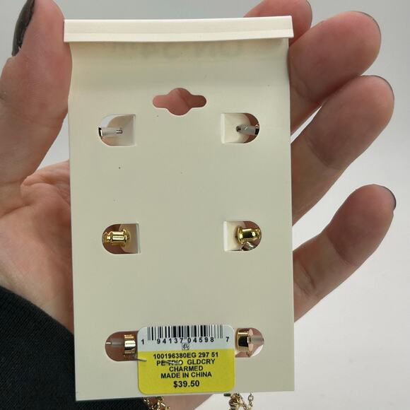 NEW On 34th Gold Earring Set Trio Pave Mini Hoop Dangle Chain Small StackNWT - Picture 7 of 7